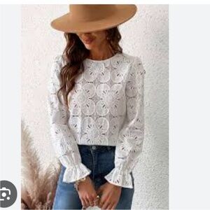 NWT Cupshe Happy Weekend Lace Blouse Long Sleeve Top White M #2700